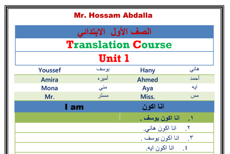 مذكرة تأسيس ترجمة انجليزي للصف الاول الابتدائي pdf
