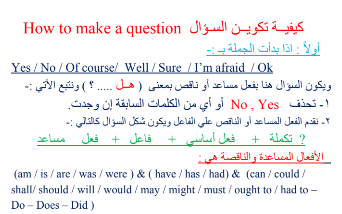 مذكرة كيفية تكوين محادثة او سؤال في اللغة الانجليزية
