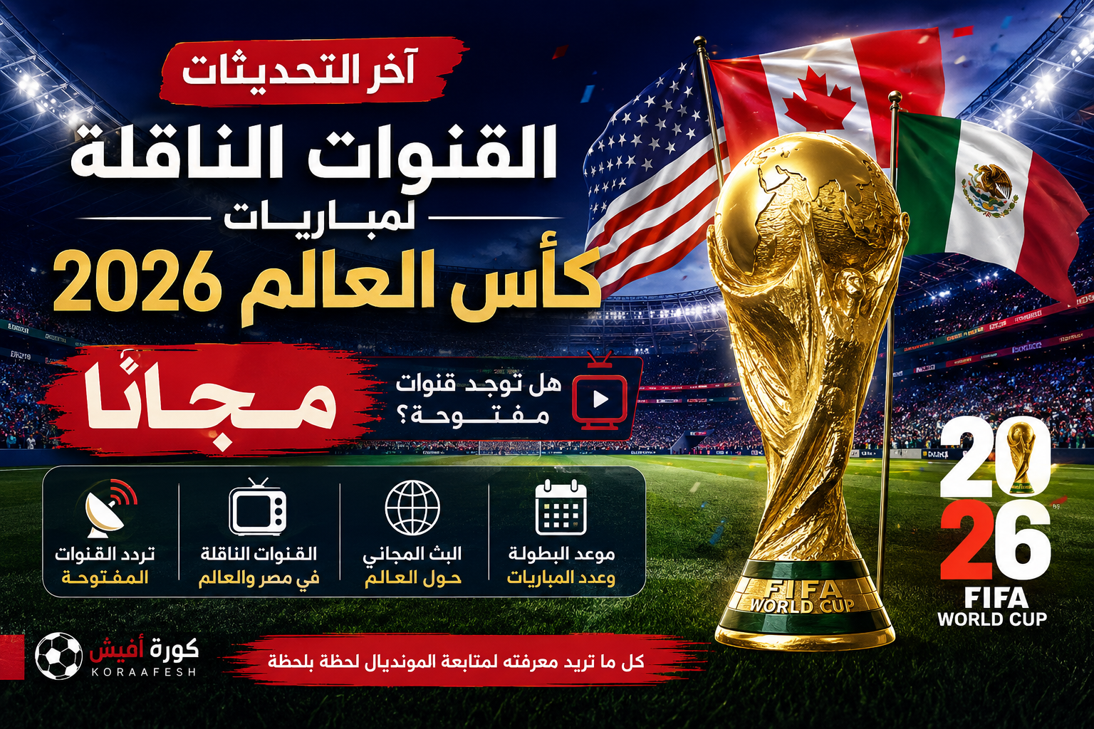 القنوات الناقلة لمباريات كأس العالم 2026 مجانا